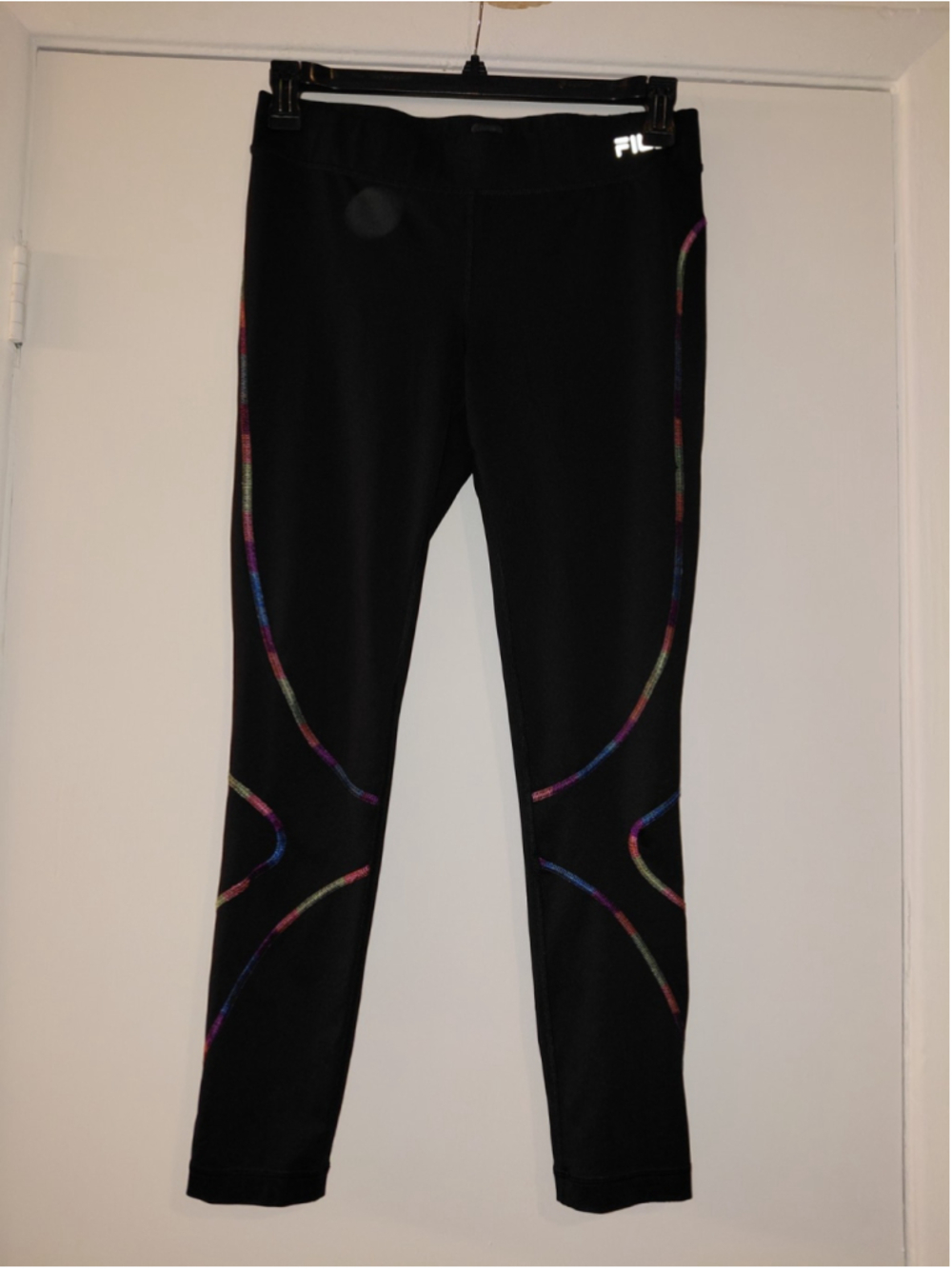 Fila Workout Legging/Pants, Black/Rainbow Colored Stitching, Women’s Size Medium